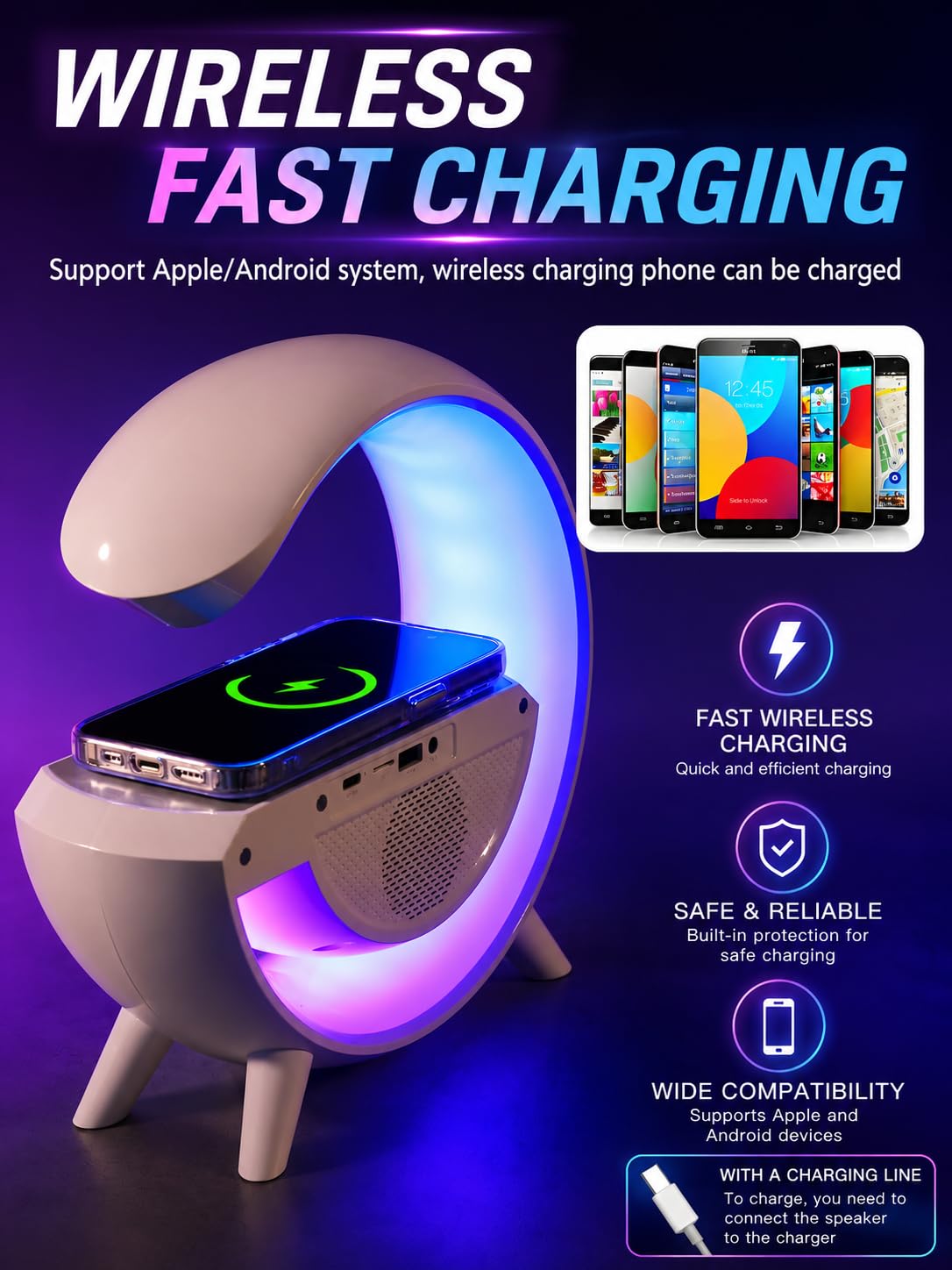 4 in 1 G-Shape LED Night Light Bluetooth Speaker with Wireless Charging Pad, FM Radio, Rechargeable Desk Table Lamp, 7 Color Atmosphere Light Modes, Multicolor, Pack of 1 for Home Office Bedroom