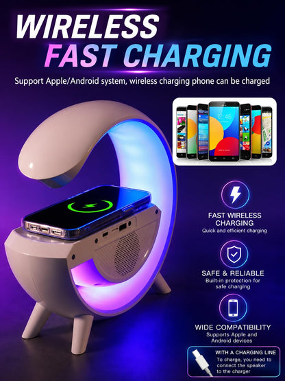 4 in 1 G-Shape LED Night Light Bluetooth Speaker with Wireless Charging Pad, FM Radio, Rechargeable Desk Table Lamp, 7 Color Atmosphere Light Modes, Multicolor, Pack of 1 for Home Office Bedroom