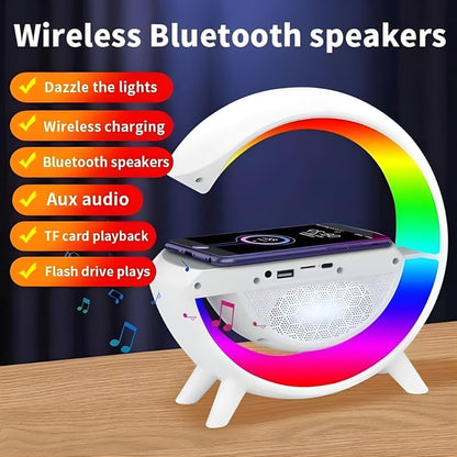 4 in 1 G-Shape LED Night Light Bluetooth Speaker with Wireless Charging Pad, FM Radio, Rechargeable Desk Table Lamp, 7 Color Atmosphere Light Modes, Multicolor, Pack of 1 for Home Office Bedroom
